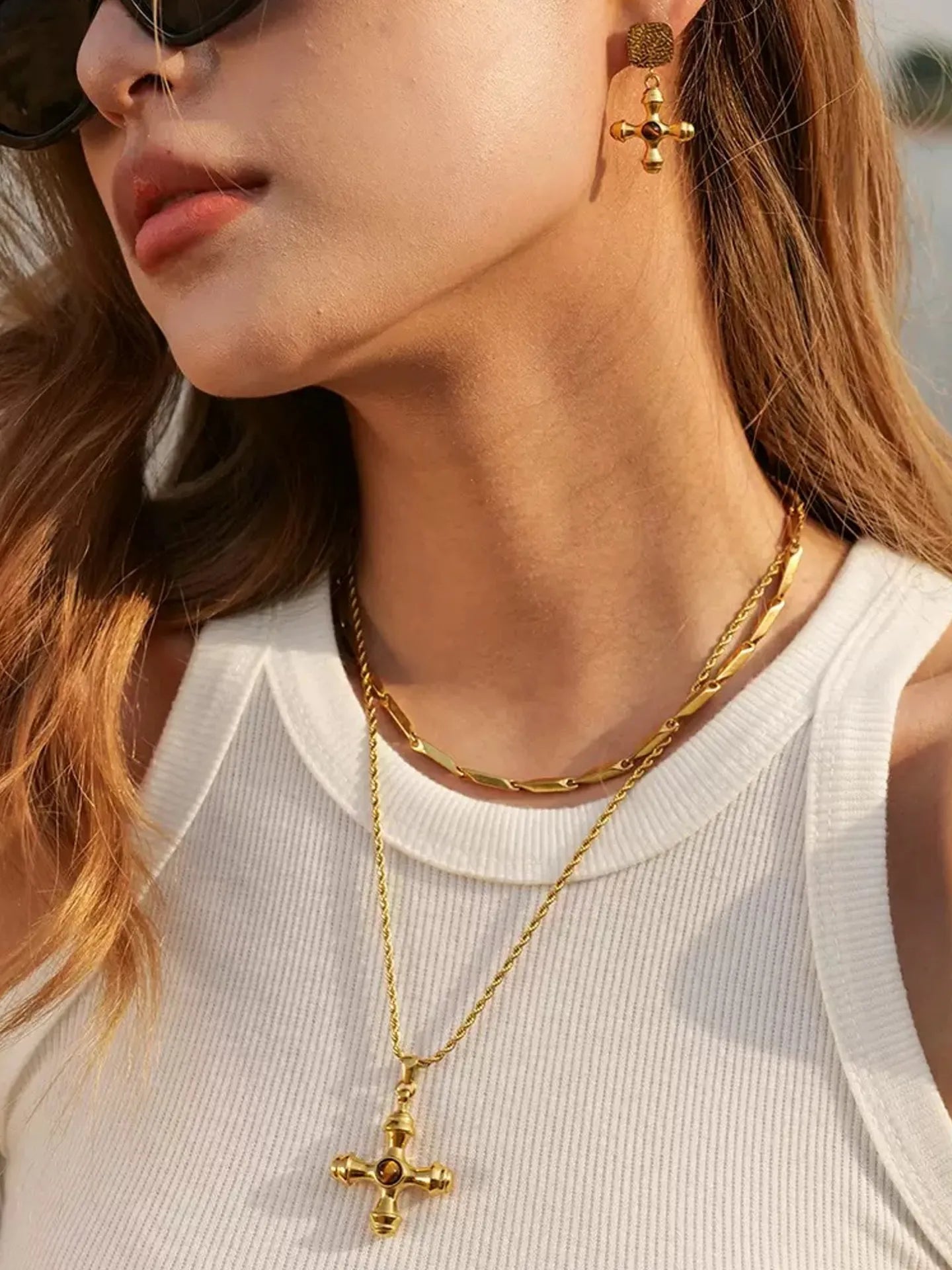 CROSS TIGER EYE STONE NECKLACE