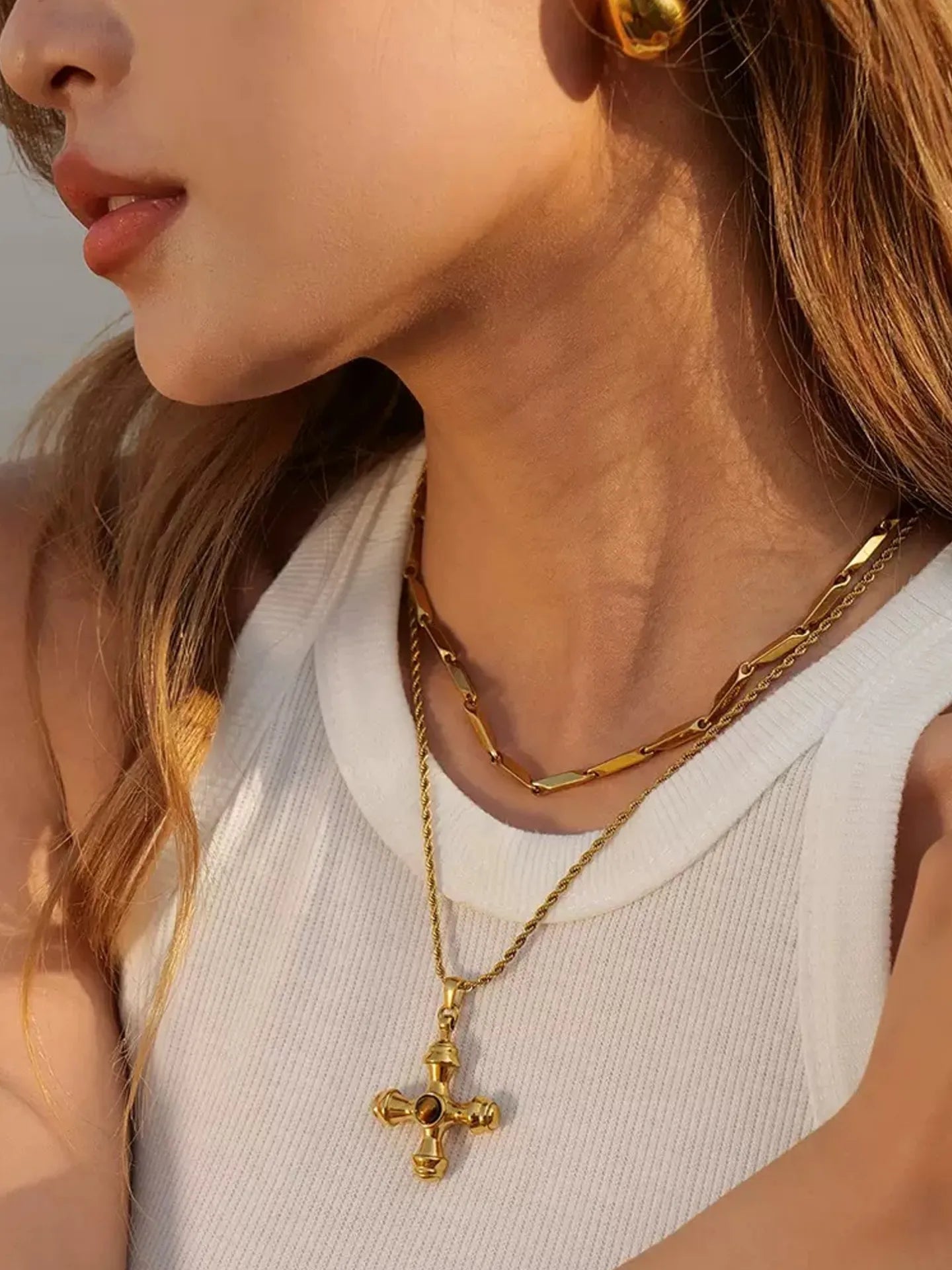 CROSS TIGER EYE STONE NECKLACE